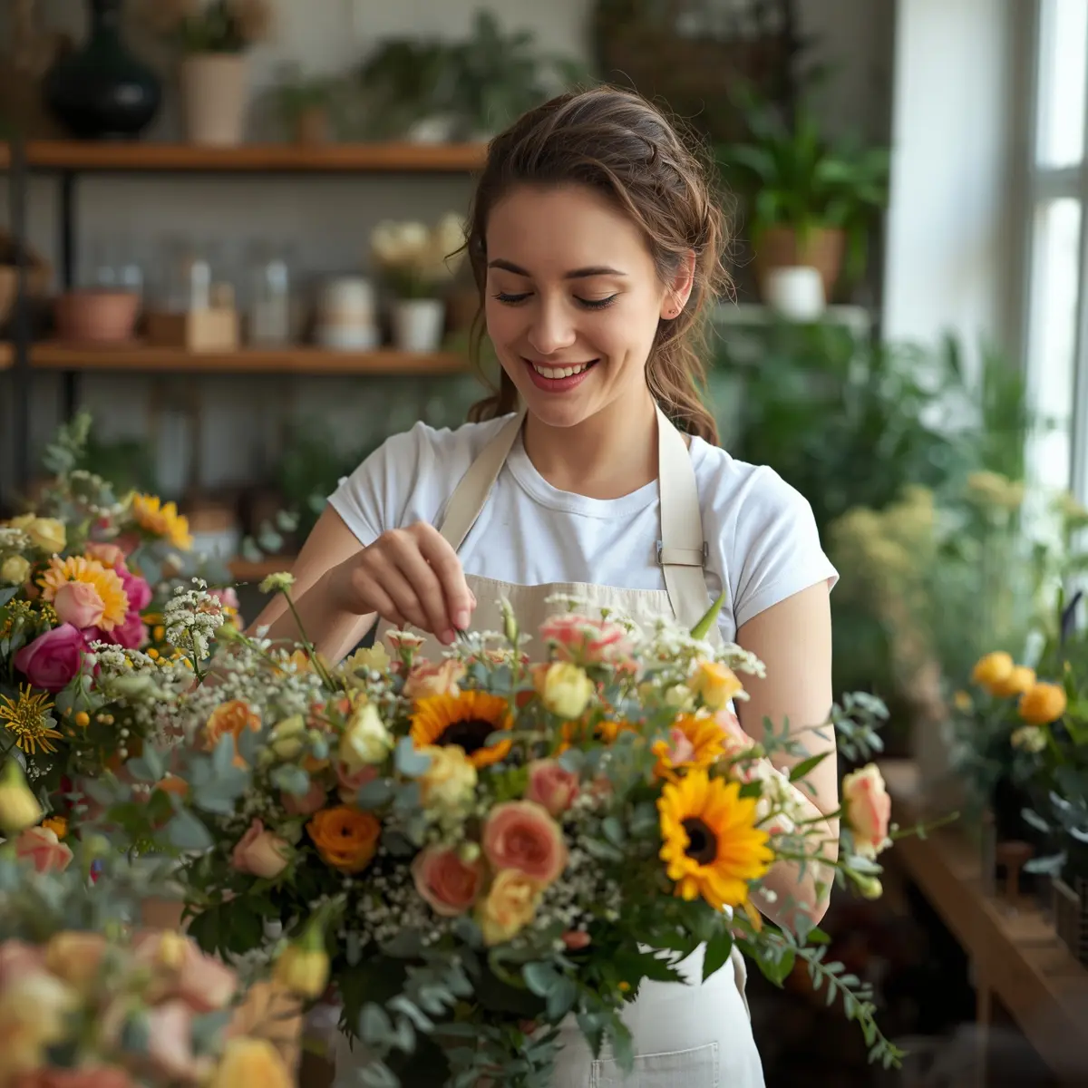 Florist designing a custom bouquet